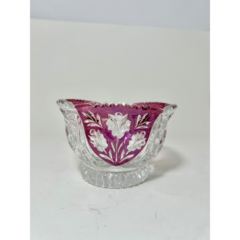 Vintage Cranberry Flash Pressed Glass Bowl Intaglio Floral Scalloped SawtoothRim